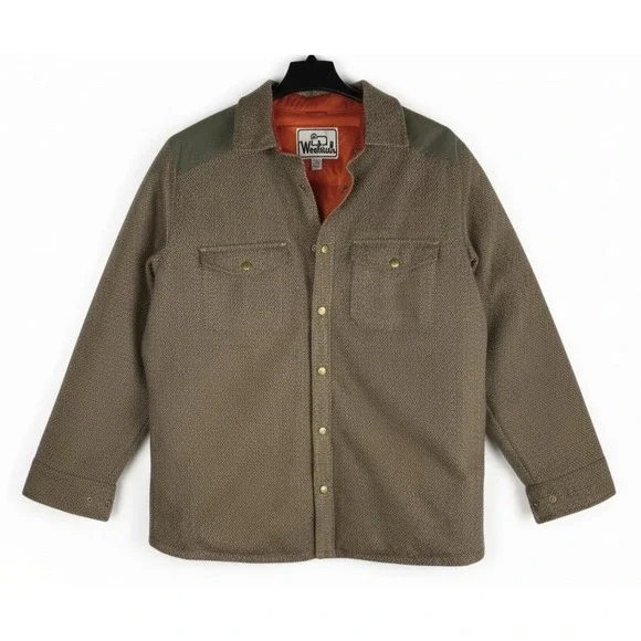 Woolrich 550 Fill Down Herringbone Wool Blend Barn Coat Jacket Mens Large Brown - Picture 1 of 15